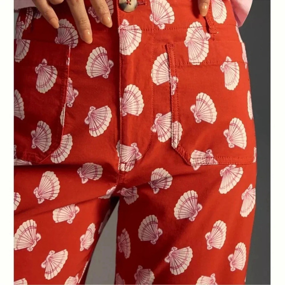 Anthropologie Maeve Colette Wide Leg Cropped Pants Seashell Beach Red 32P Petite - Picture 5 of 14
